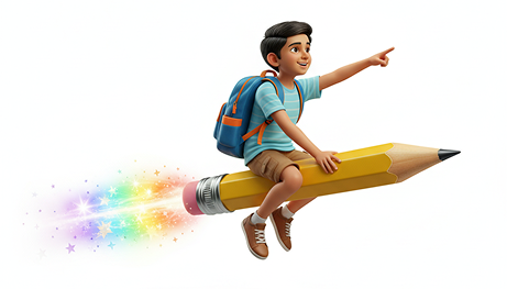 Boy flying on a pencil